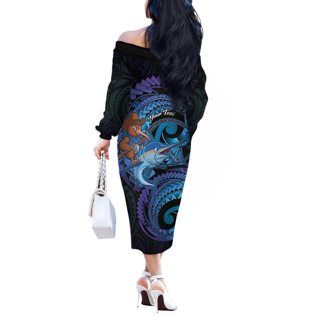 Personalised Blue Marlin Fishing New Zealand Off The Shoulder Long Sleeve Dress NZ Kiwi Cowboy Born To Fish