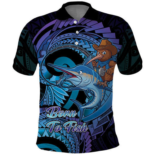 Personalised Blue Marlin Fishing New Zealand Polo Shirt NZ Kiwi Cowboy Born To Fish