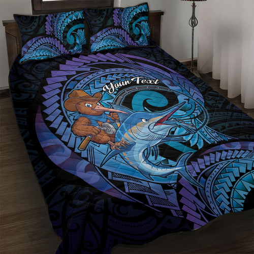 Personalised Blue Marlin Fishing New Zealand Quilt Bed Set NZ Kiwi Cowboy Born To Fish