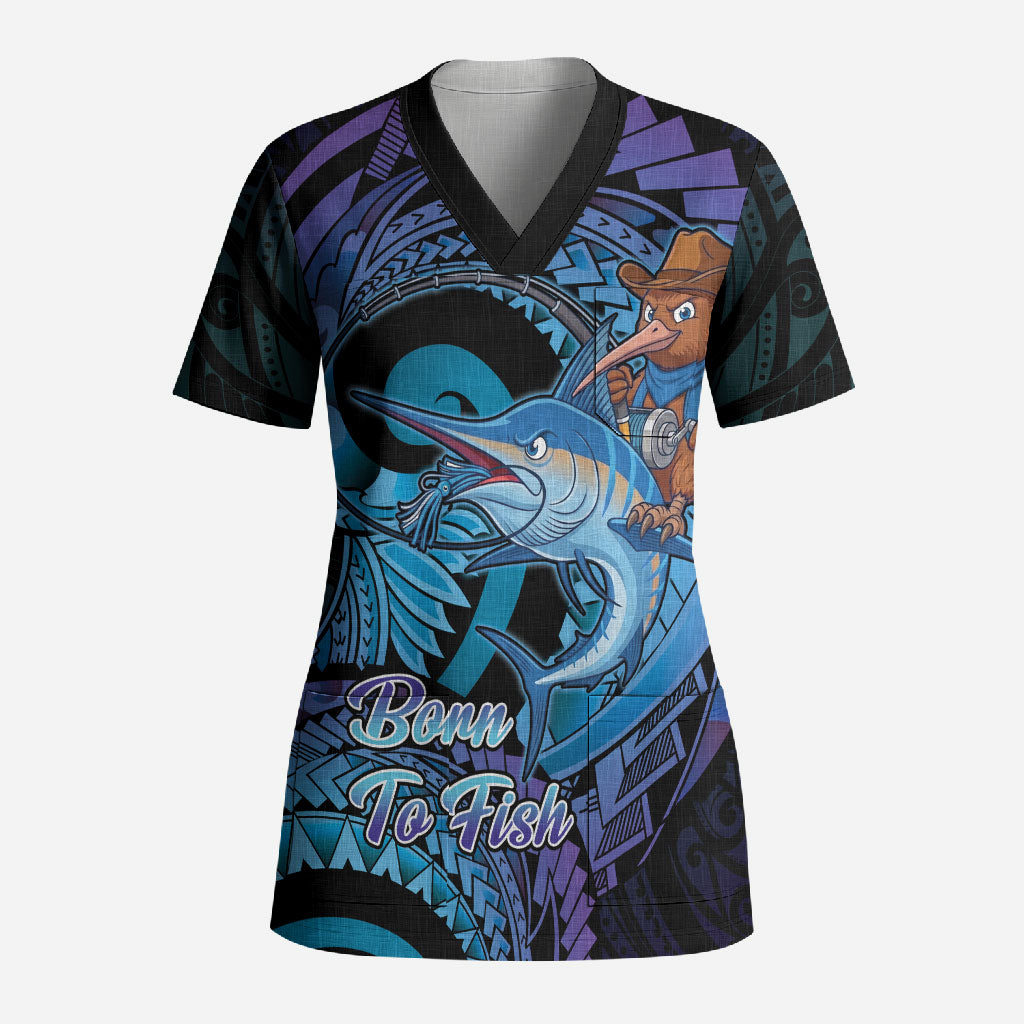 Personalised Blue Marlin Fishing New Zealand Scrub Top NZ Kiwi Cowboy Born To Fish
