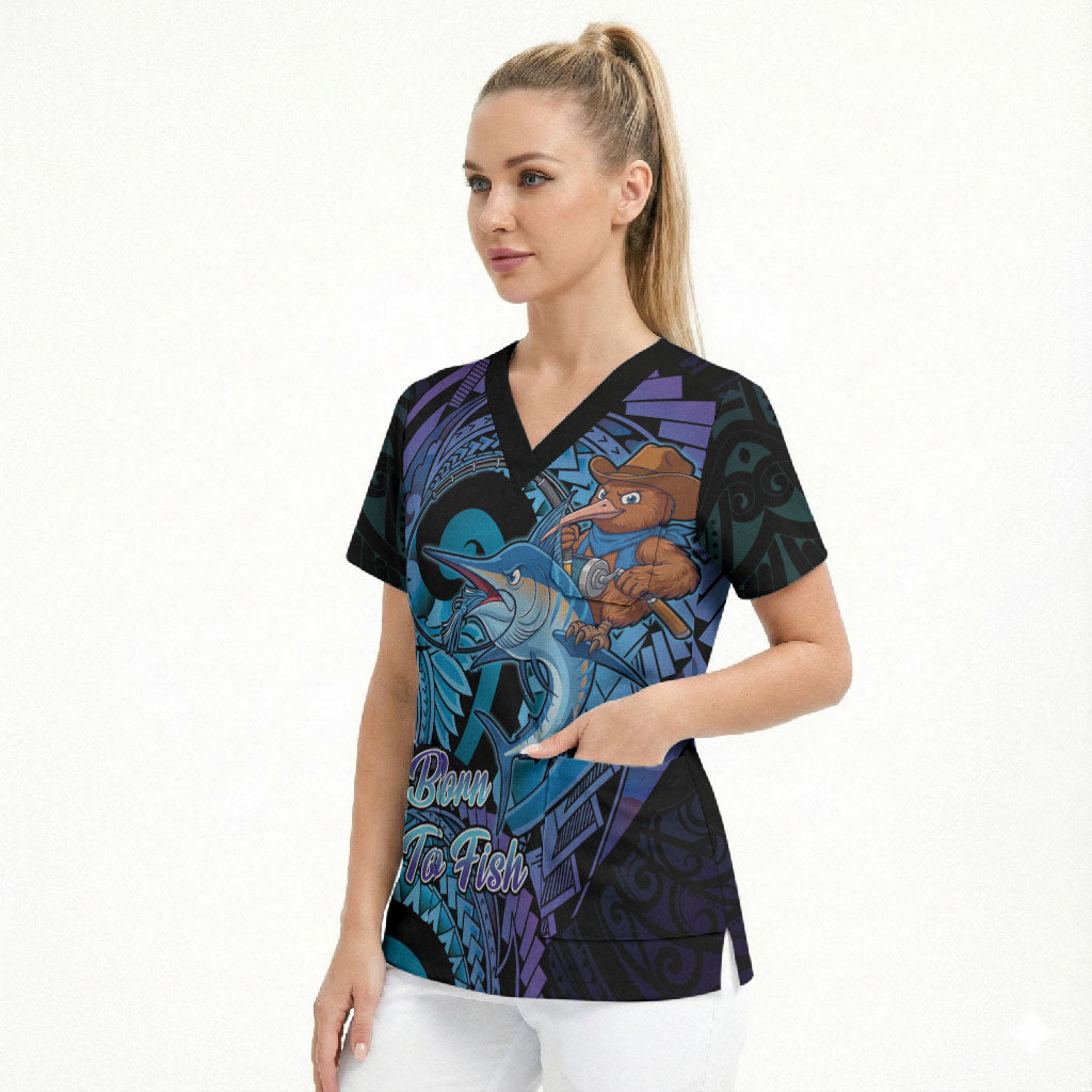 Personalised Blue Marlin Fishing New Zealand Scrub Top NZ Kiwi Cowboy Born To Fish