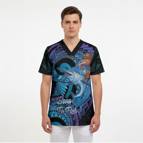 Personalised Blue Marlin Fishing New Zealand Scrub Top NZ Kiwi Cowboy Born To Fish