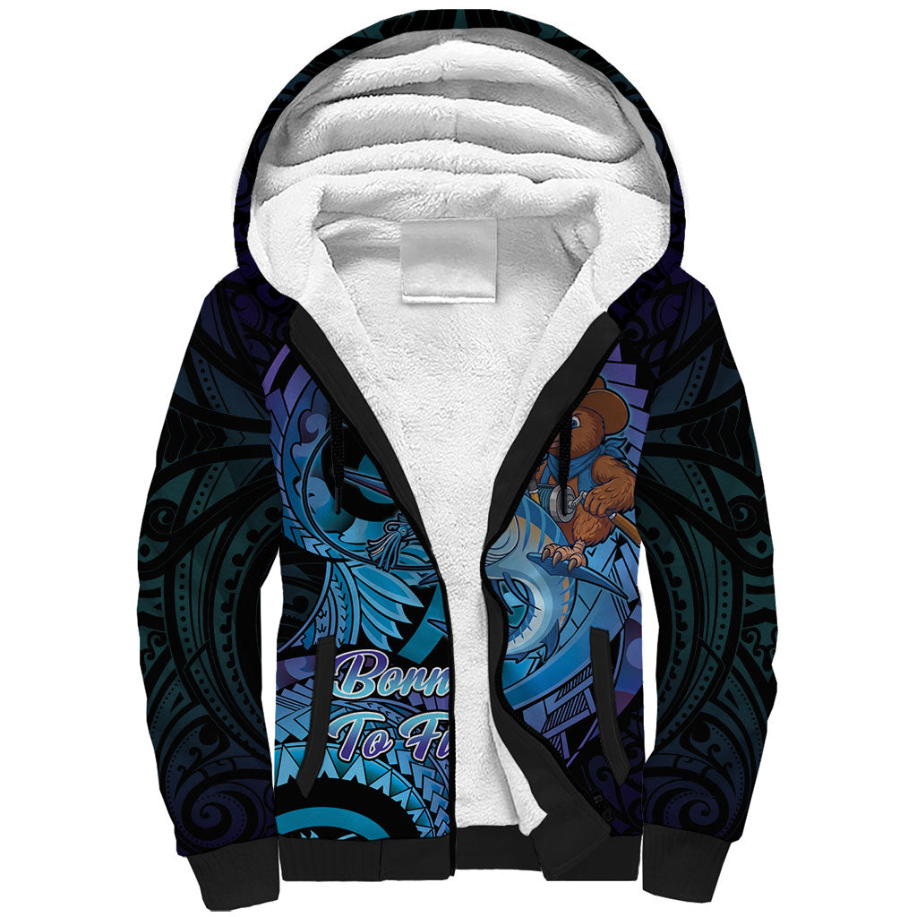 Personalised Blue Marlin Fishing New Zealand Sherpa Hoodie NZ Kiwi Cowboy Born To Fish