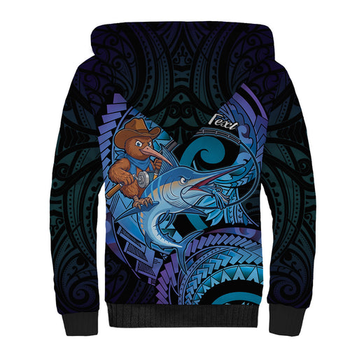 Personalised Blue Marlin Fishing New Zealand Sherpa Hoodie NZ Kiwi Cowboy Born To Fish