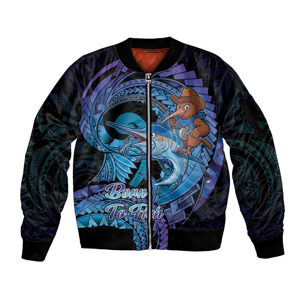 Personalised Blue Marlin Fishing New Zealand Sleeve Zip Bomber Jacket NZ Kiwi Cowboy Born To Fish