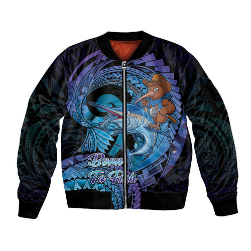 Personalised Blue Marlin Fishing New Zealand Sleeve Zip Bomber Jacket NZ Kiwi Cowboy Born To Fish