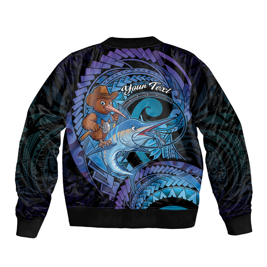Personalised Blue Marlin Fishing New Zealand Sleeve Zip Bomber Jacket NZ Kiwi Cowboy Born To Fish