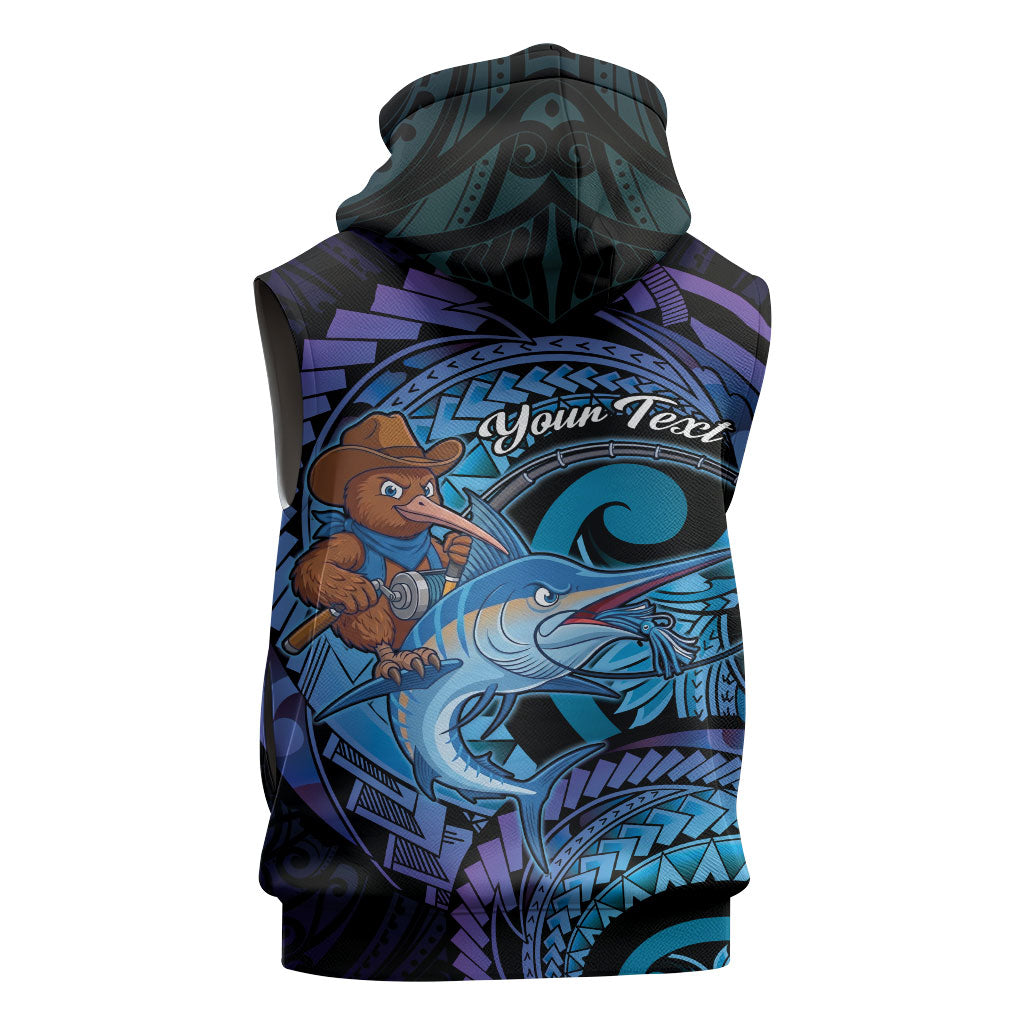 Personalised Blue Marlin Fishing New Zealand Sleeveless Hoodie NZ Kiwi Cowboy Born To Fish