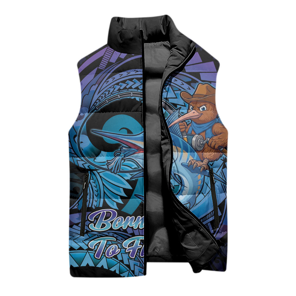 Personalised Blue Marlin Fishing New Zealand Sleeveless Puffer Jacket NZ Kiwi Cowboy Born To Fish