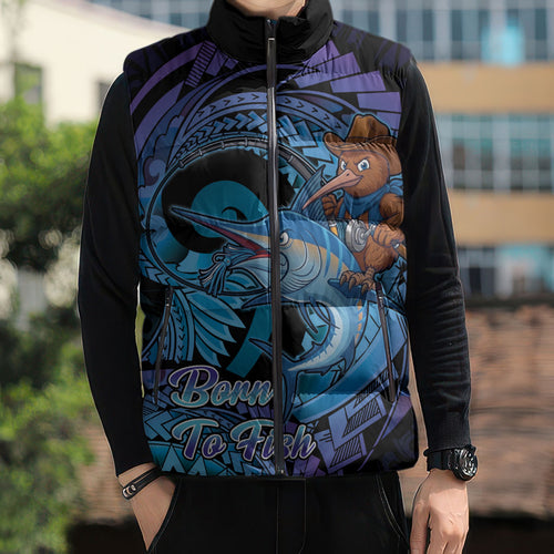 Personalised Blue Marlin Fishing New Zealand Sleeveless Puffer Jacket NZ Kiwi Cowboy Born To Fish
