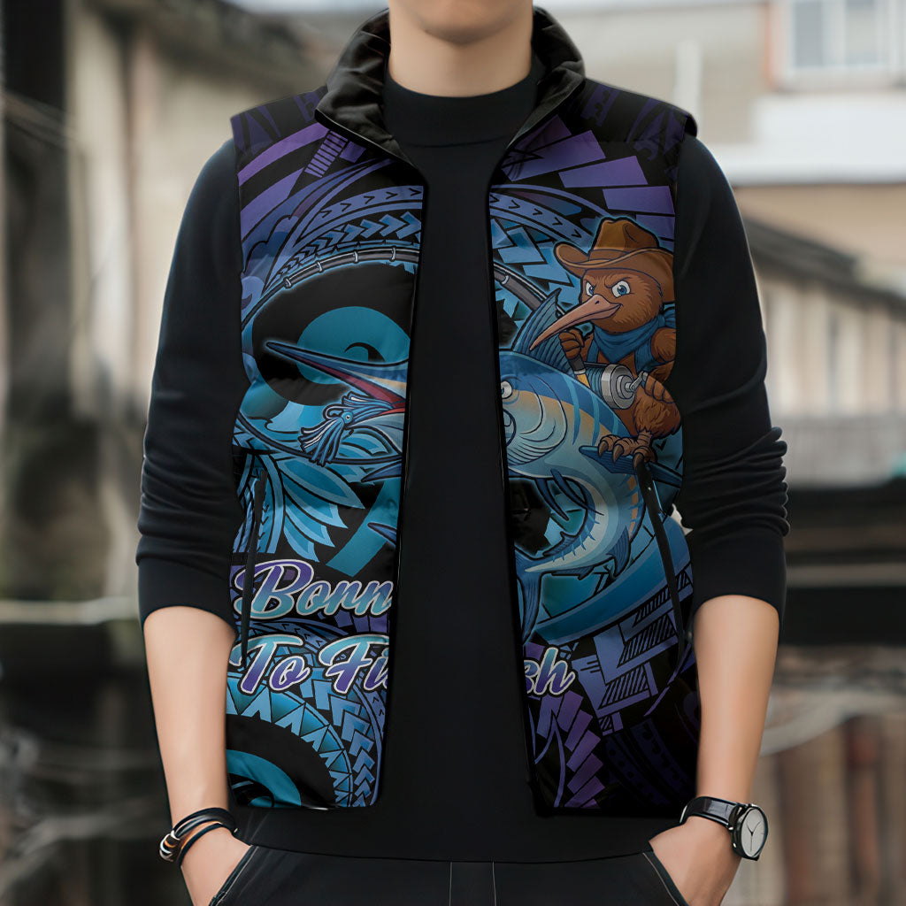 Personalised Blue Marlin Fishing New Zealand Sleeveless Puffer Jacket NZ Kiwi Cowboy Born To Fish