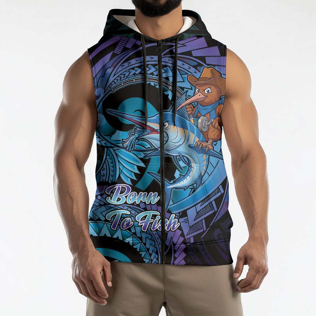 Personalised Blue Marlin Fishing New Zealand Sleeveless Zip Hoodie NZ Kiwi Cowboy Born To Fish