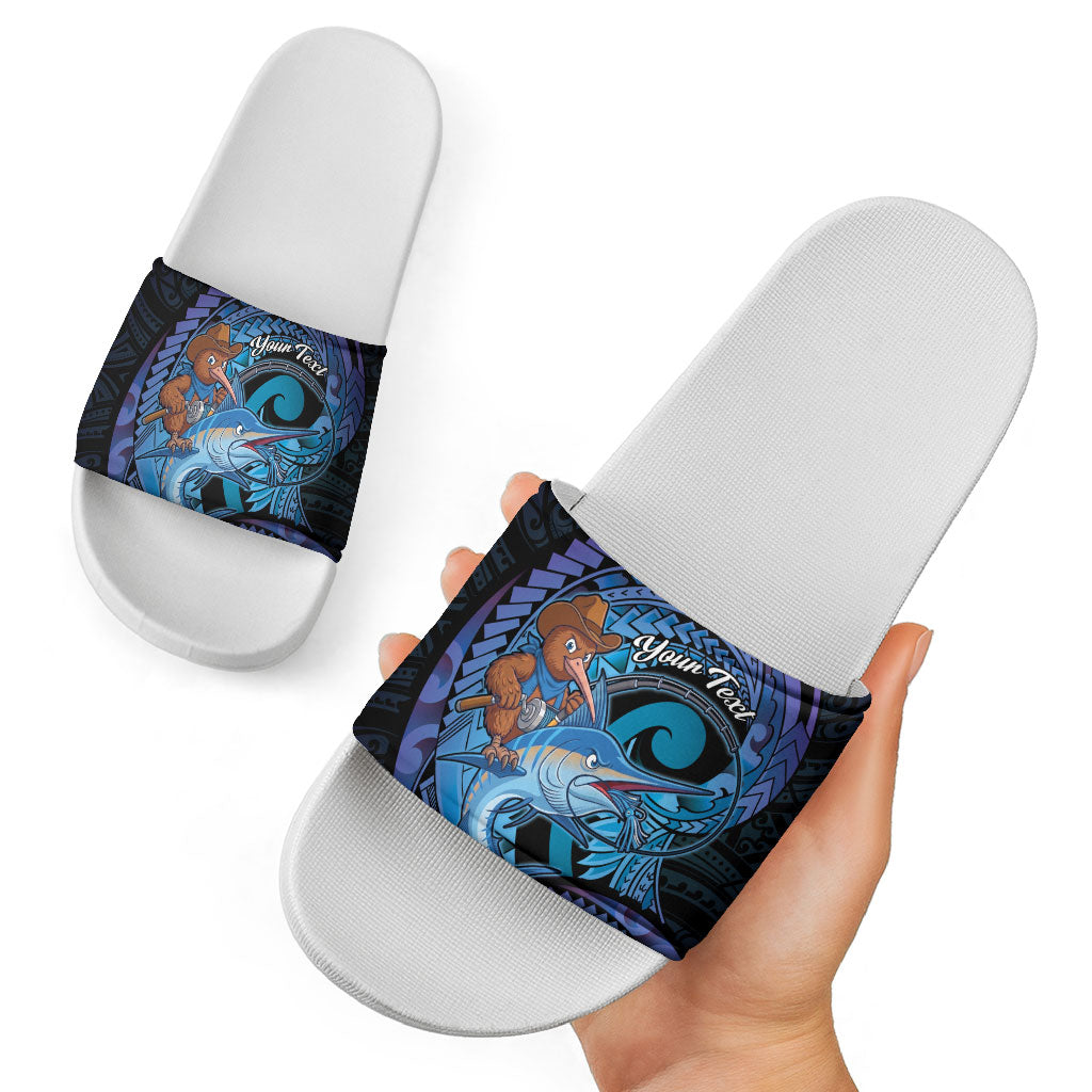 Personalised Blue Marlin Fishing New Zealand Slide Sandals NZ Kiwi Cowboy Born To Fish