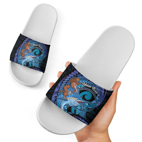 Personalised Blue Marlin Fishing New Zealand Slide Sandals NZ Kiwi Cowboy Born To Fish