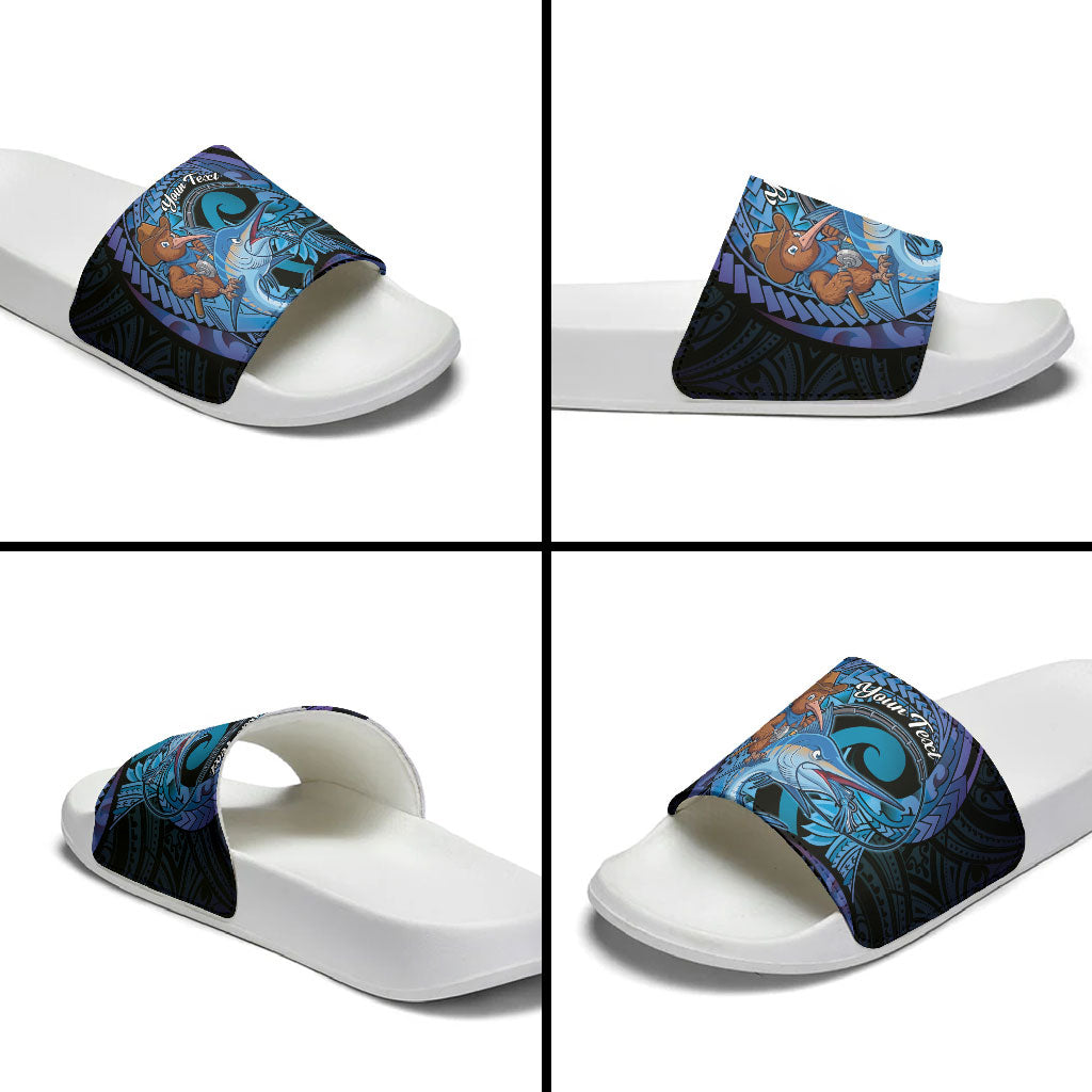 Personalised Blue Marlin Fishing New Zealand Slide Sandals NZ Kiwi Cowboy Born To Fish