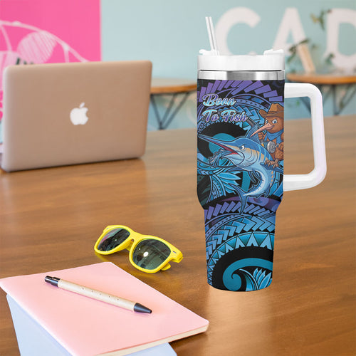 Personalised Blue Marlin Fishing New Zealand Tumbler With Handle NZ Kiwi Cowboy Born To Fish