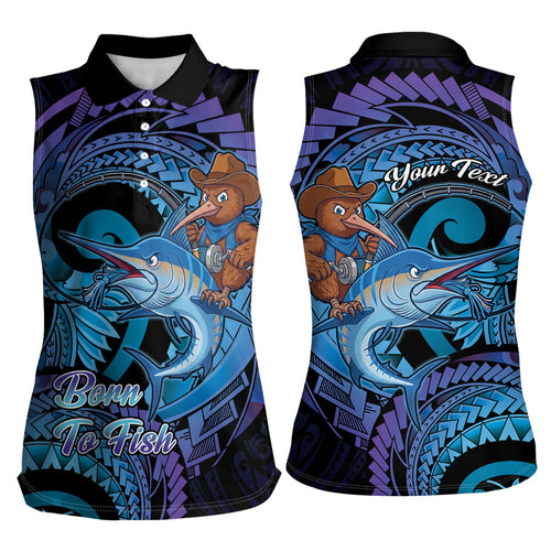 Personalised Blue Marlin Fishing New Zealand Women Sleeveless Polo Shirt NZ Kiwi Cowboy Born To Fish