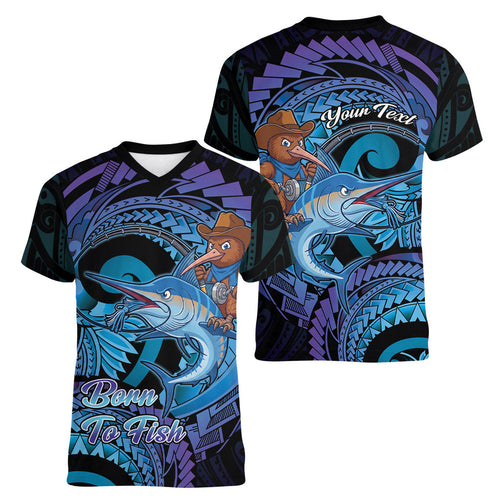 Personalised Blue Marlin Fishing New Zealand Women V-Neck T-Shirt NZ Kiwi Cowboy Born To Fish