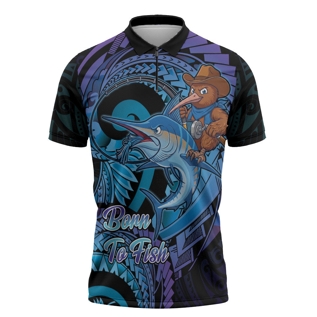 Personalised Blue Marlin Fishing New Zealand Zipper Polo Shirt NZ Kiwi Cowboy Born To Fish