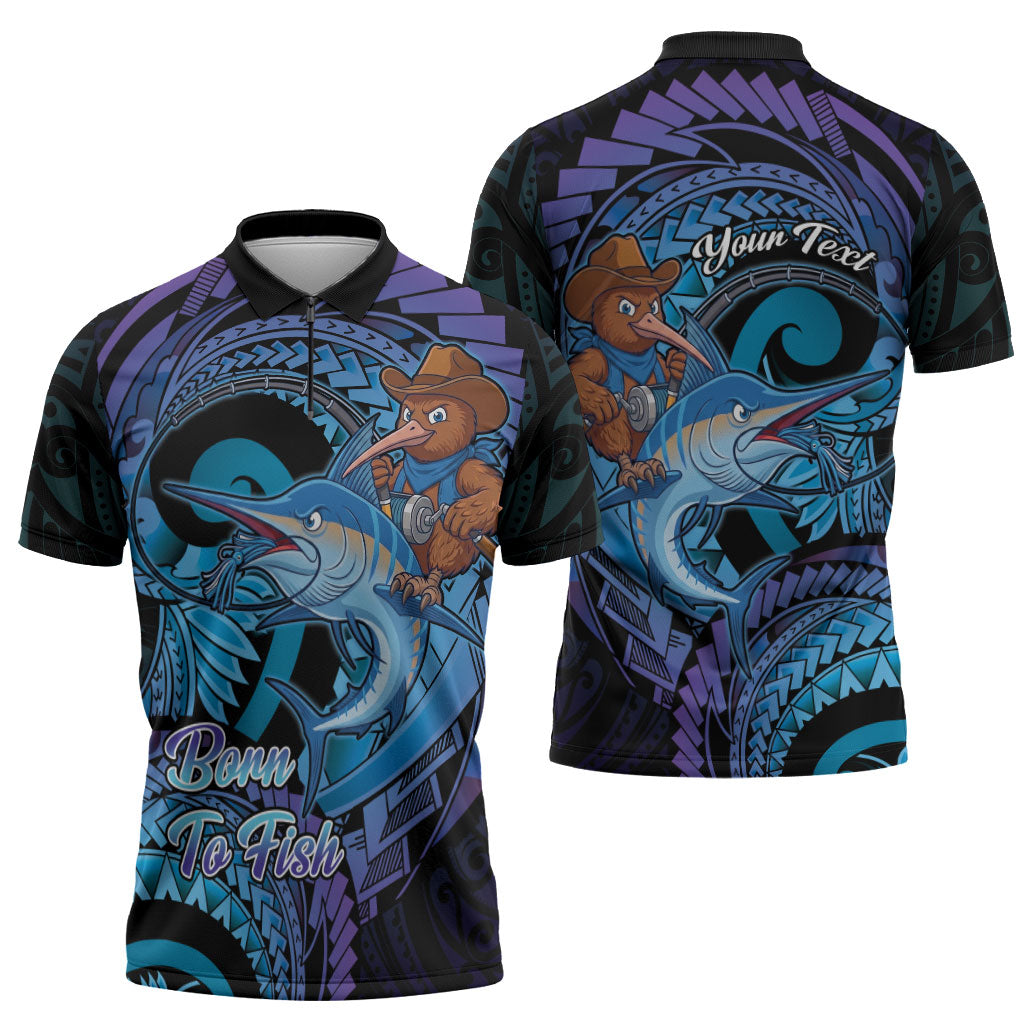 Personalised Blue Marlin Fishing New Zealand Zipper Polo Shirt NZ Kiwi Cowboy Born To Fish