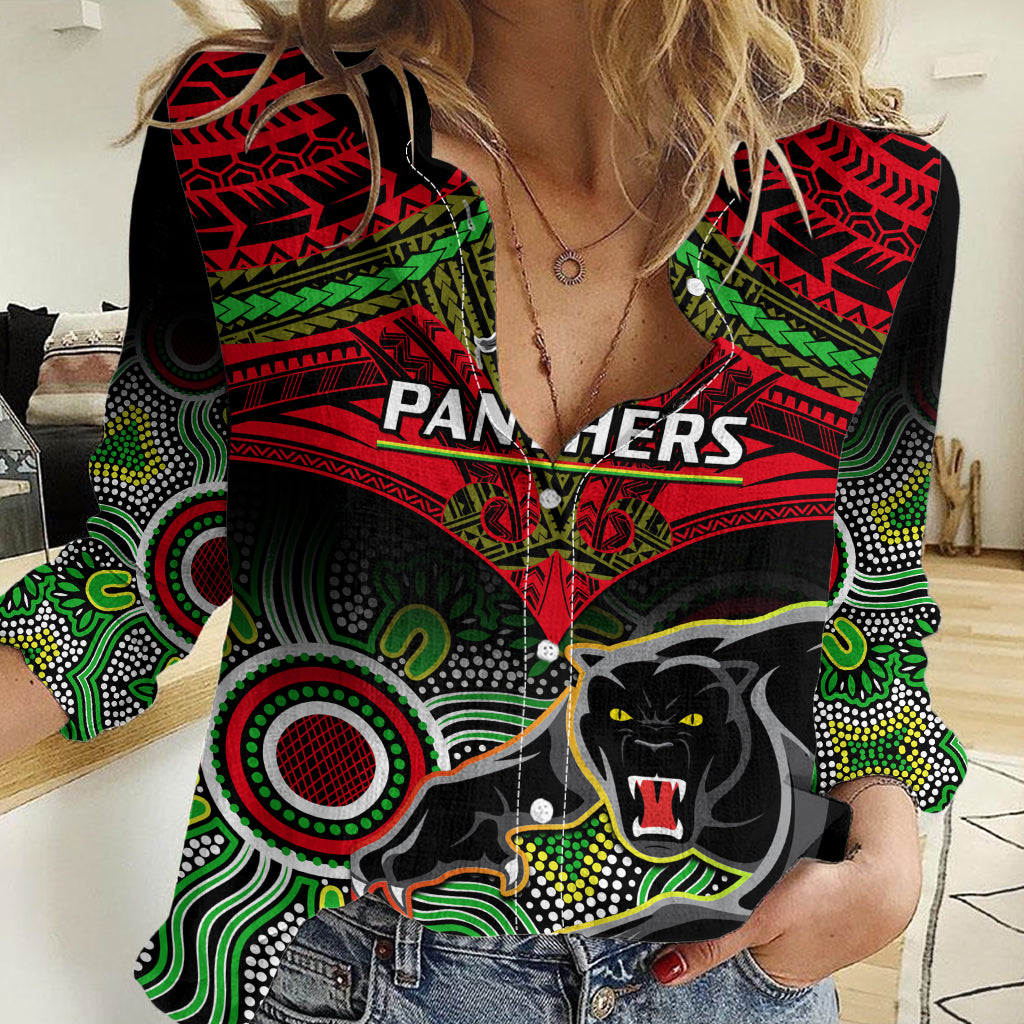 Panthers Rugby Women Casual Shirt Penrith 1966 Aboriginal Mix Polynesian Pattern LT14