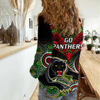 Panthers Rugby Women Casual Shirt Penrith 1966 Aboriginal Mix Polynesian Pattern LT14