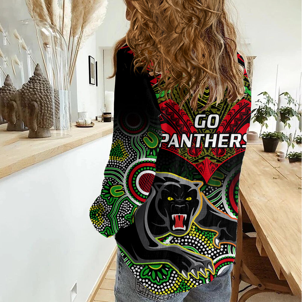 Panthers Rugby Women Casual Shirt Penrith 1966 Aboriginal Mix Polynesian Pattern LT14
