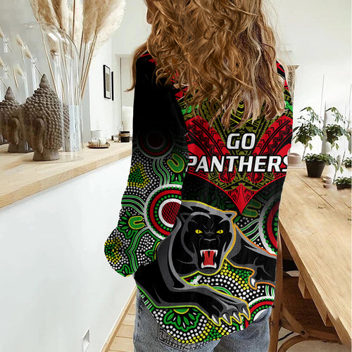 Panthers Rugby Women Casual Shirt Penrith 1966 Aboriginal Mix Polynesian Pattern LT14