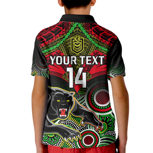 personalised-panthers-rugby-kid-polo-shirt-penrith-1966-aboriginal-mix-polynesian-pattern