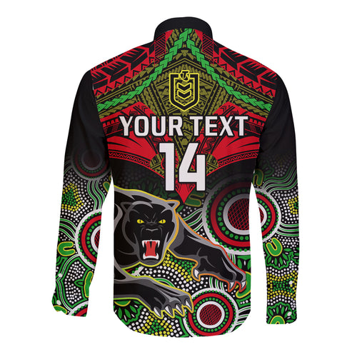 personalised-panthers-rugby-long-sleeve-button-shirt-penrith-1966-aboriginal-mix-polynesian-pattern
