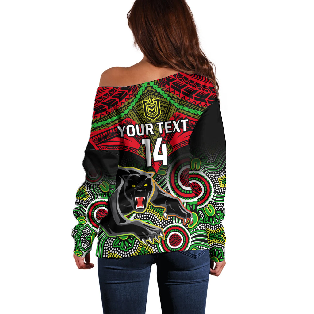 personalised-panthers-rugby-off-shoulder-sweater-penrith-1966-aboriginal-mix-polynesian-pattern