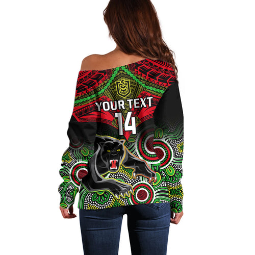 personalised-panthers-rugby-off-shoulder-sweater-penrith-1966-aboriginal-mix-polynesian-pattern