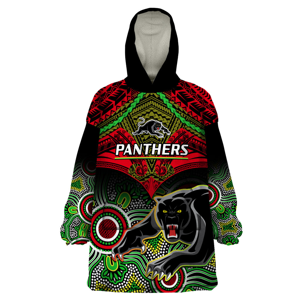 personalised-panthers-rugby-wearable-blanket-hoodie-penrith-1966-aboriginal-mix-polynesian-pattern