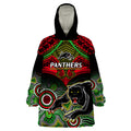personalised-panthers-rugby-wearable-blanket-hoodie-penrith-1966-aboriginal-mix-polynesian-pattern