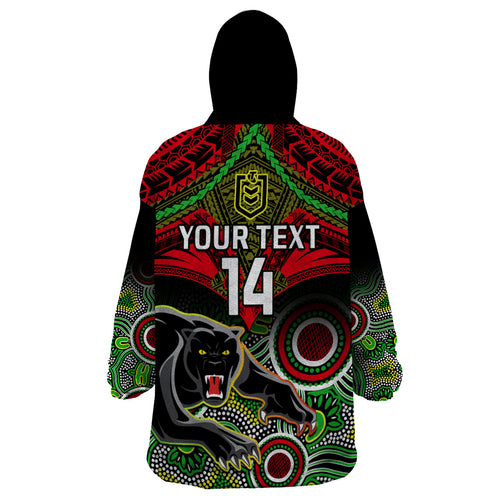 personalised-panthers-rugby-wearable-blanket-hoodie-penrith-1966-aboriginal-mix-polynesian-pattern