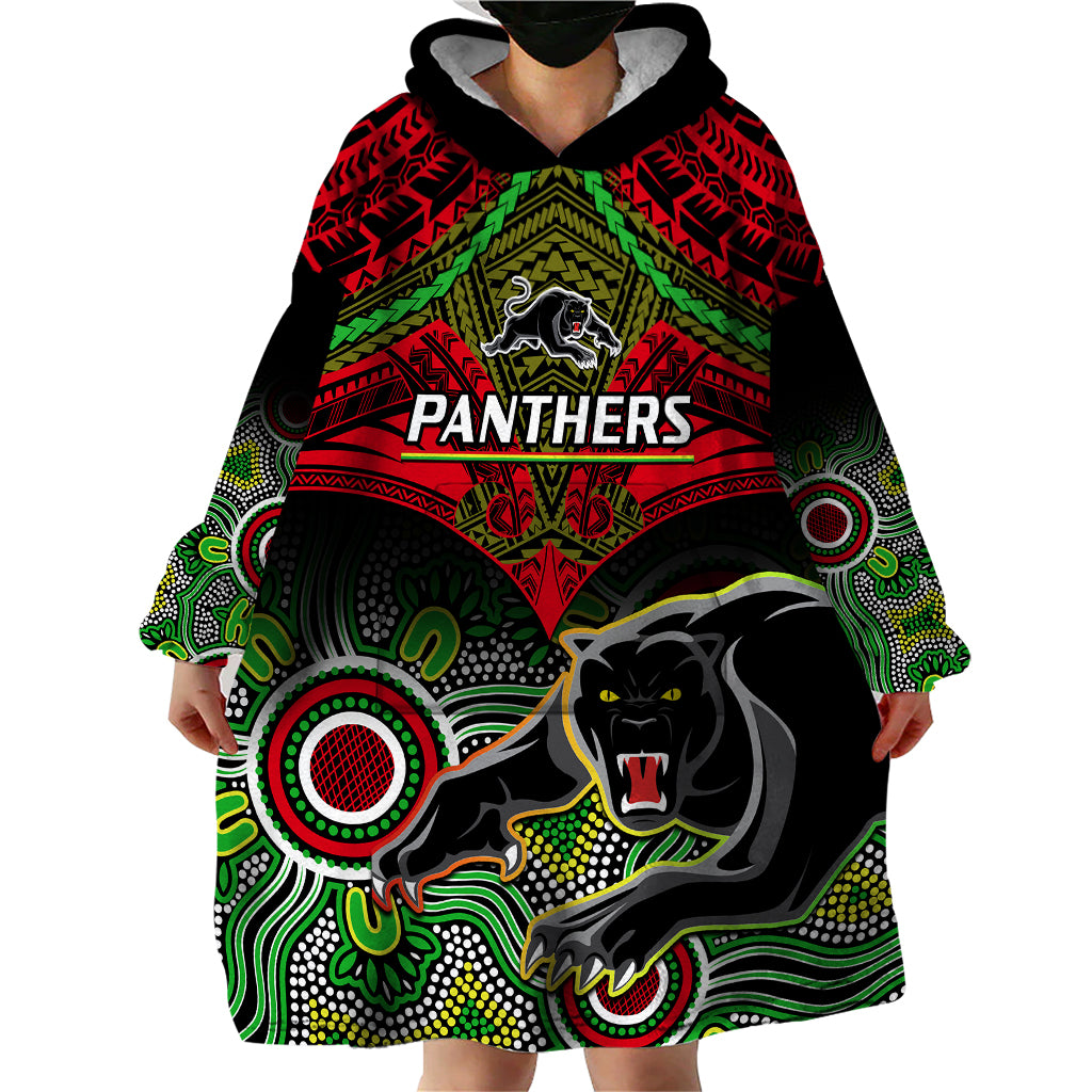 personalised-panthers-rugby-wearable-blanket-hoodie-penrith-1966-aboriginal-mix-polynesian-pattern