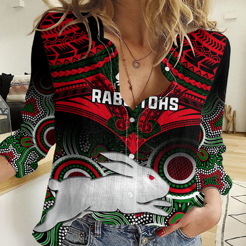 Rabbitohs Rugby Women Casual Shirt Souths 1908 Aboriginal Mix Polynesian Pattern LT14