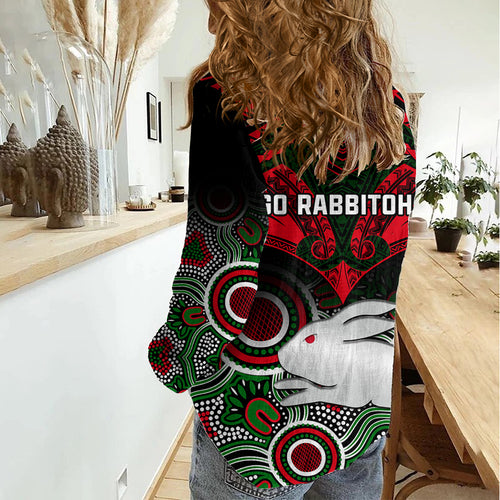 Rabbitohs Rugby Women Casual Shirt Souths 1908 Aboriginal Mix Polynesian Pattern LT14