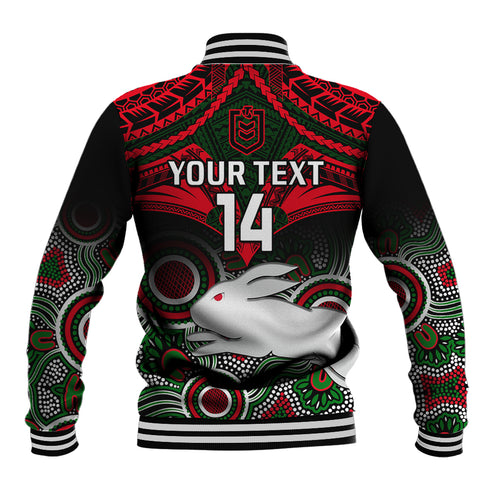 personalised-rabbitohs-rugby-baseball-jacket-souths-1908-aboriginal-mix-polynesian-pattern