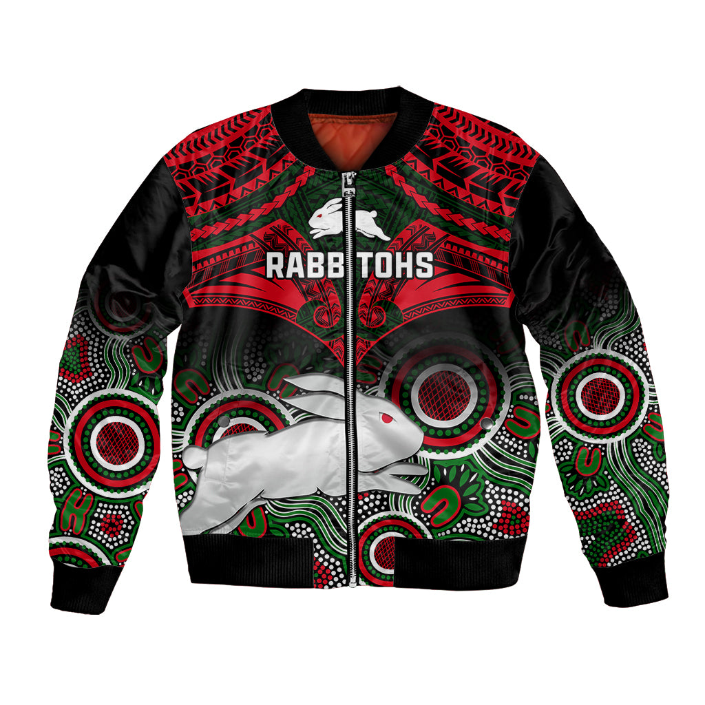 personalised-rabbitohs-rugby-bomber-jacket-souths-1908-aboriginal-mix-polynesian-pattern