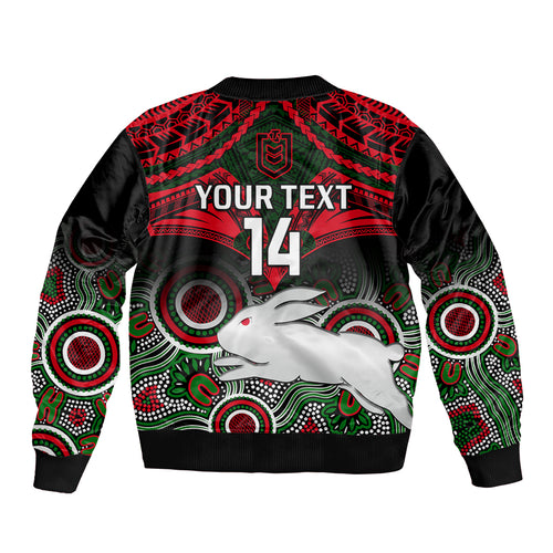 personalised-rabbitohs-rugby-bomber-jacket-souths-1908-aboriginal-mix-polynesian-pattern