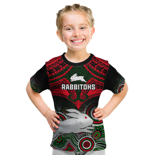 personalised-rabbitohs-rugby-kid-t-shirt-souths-1908-aboriginal-mix-polynesian-pattern