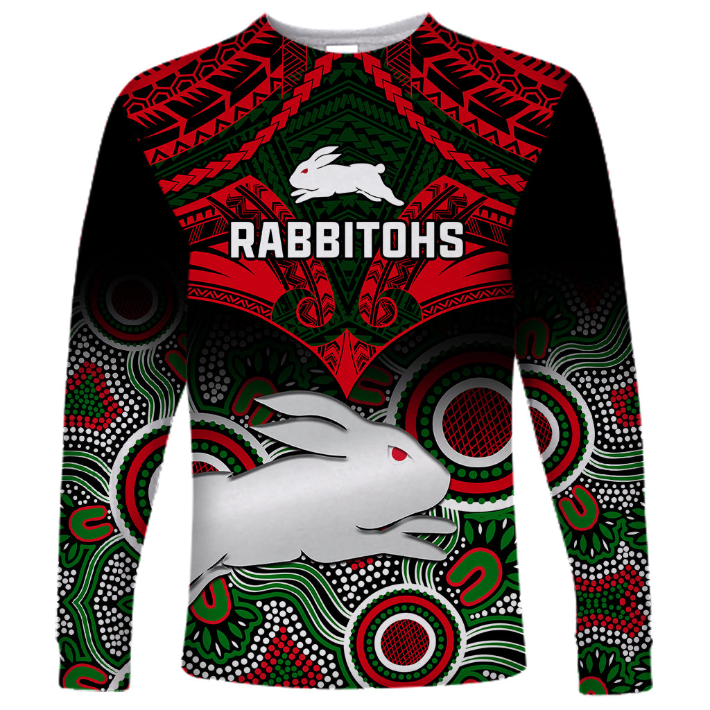 personalised-rabbitohs-rugby-long-sleeve-shirt-souths-1908-aboriginal-mix-polynesian-pattern
