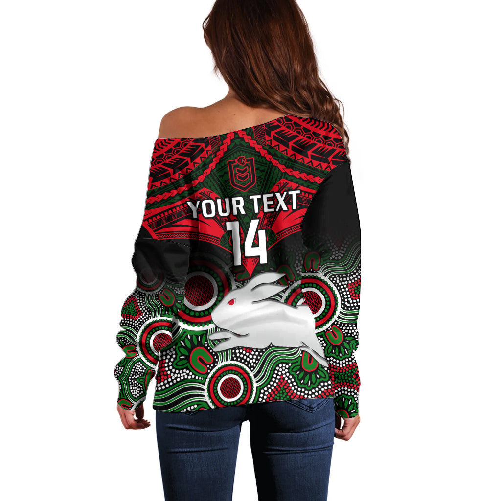 personalised-rabbitohs-rugby-off-shoulder-sweater-souths-1908-aboriginal-mix-polynesian-pattern