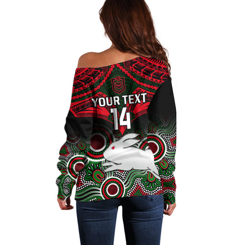 personalised-rabbitohs-rugby-off-shoulder-sweater-souths-1908-aboriginal-mix-polynesian-pattern