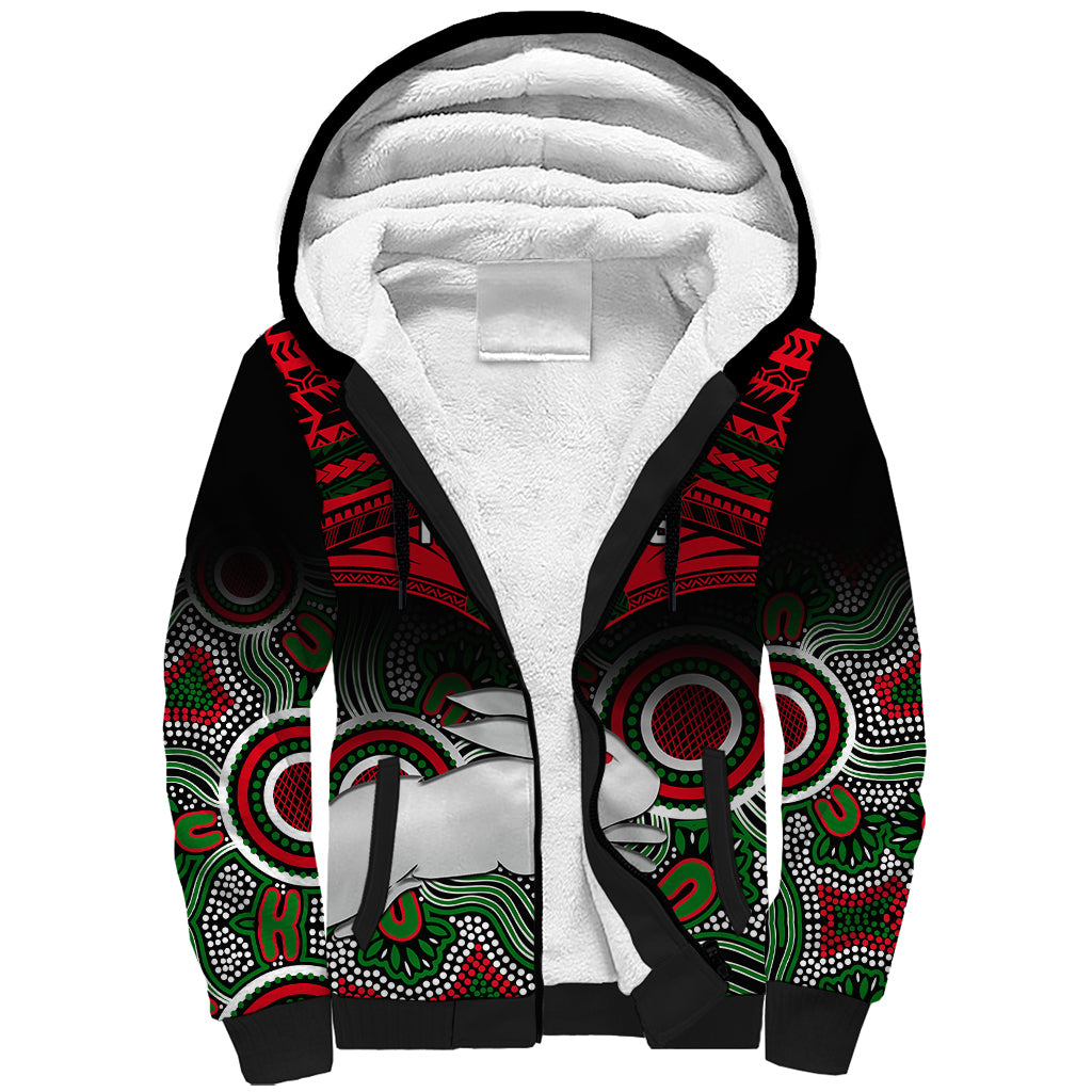 personalised-rabbitohs-rugby-sherpa-hoodie-souths-1908-aboriginal-mix-polynesian-pattern