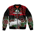personalised-rabbitohs-rugby-sleeve-zip-bomber-jacket-souths-1908-aboriginal-mix-polynesian-pattern