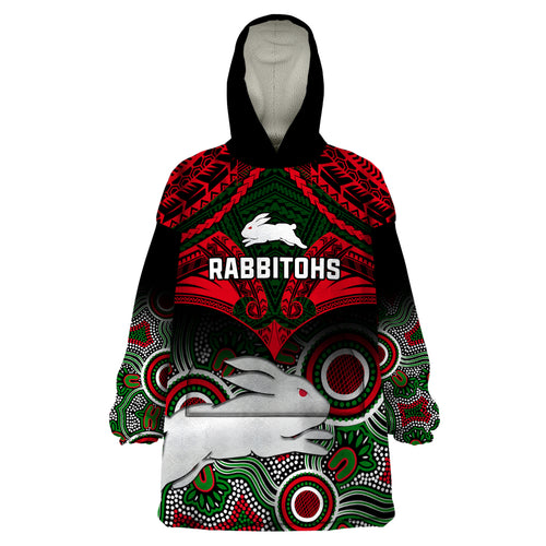 personalised-rabbitohs-rugby-wearable-blanket-hoodie-souths-1908-aboriginal-mix-polynesian-pattern