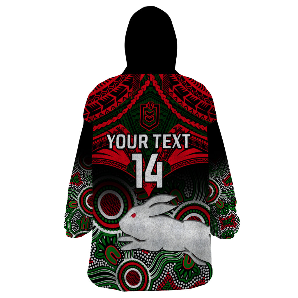 personalised-rabbitohs-rugby-wearable-blanket-hoodie-souths-1908-aboriginal-mix-polynesian-pattern