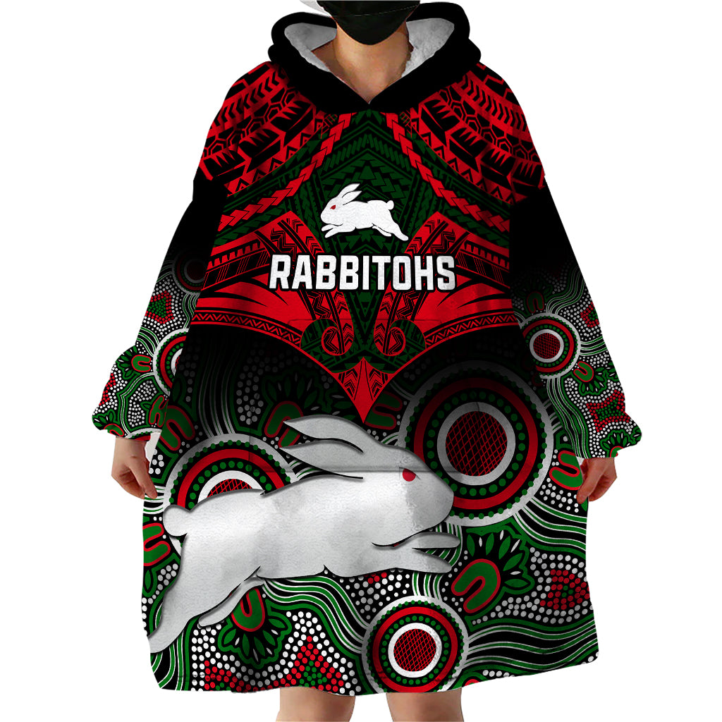 personalised-rabbitohs-rugby-wearable-blanket-hoodie-souths-1908-aboriginal-mix-polynesian-pattern